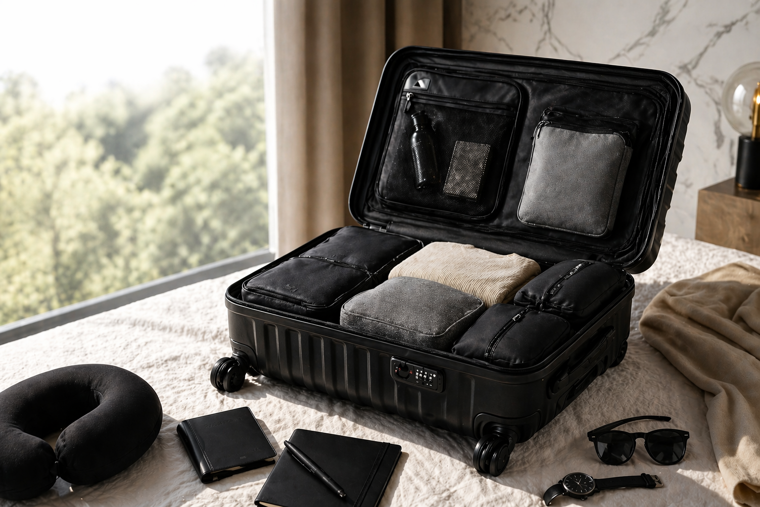 Valise de voyage noire ouverte avec organisateurs de rangement sur lit d'hotel — Élite Bag