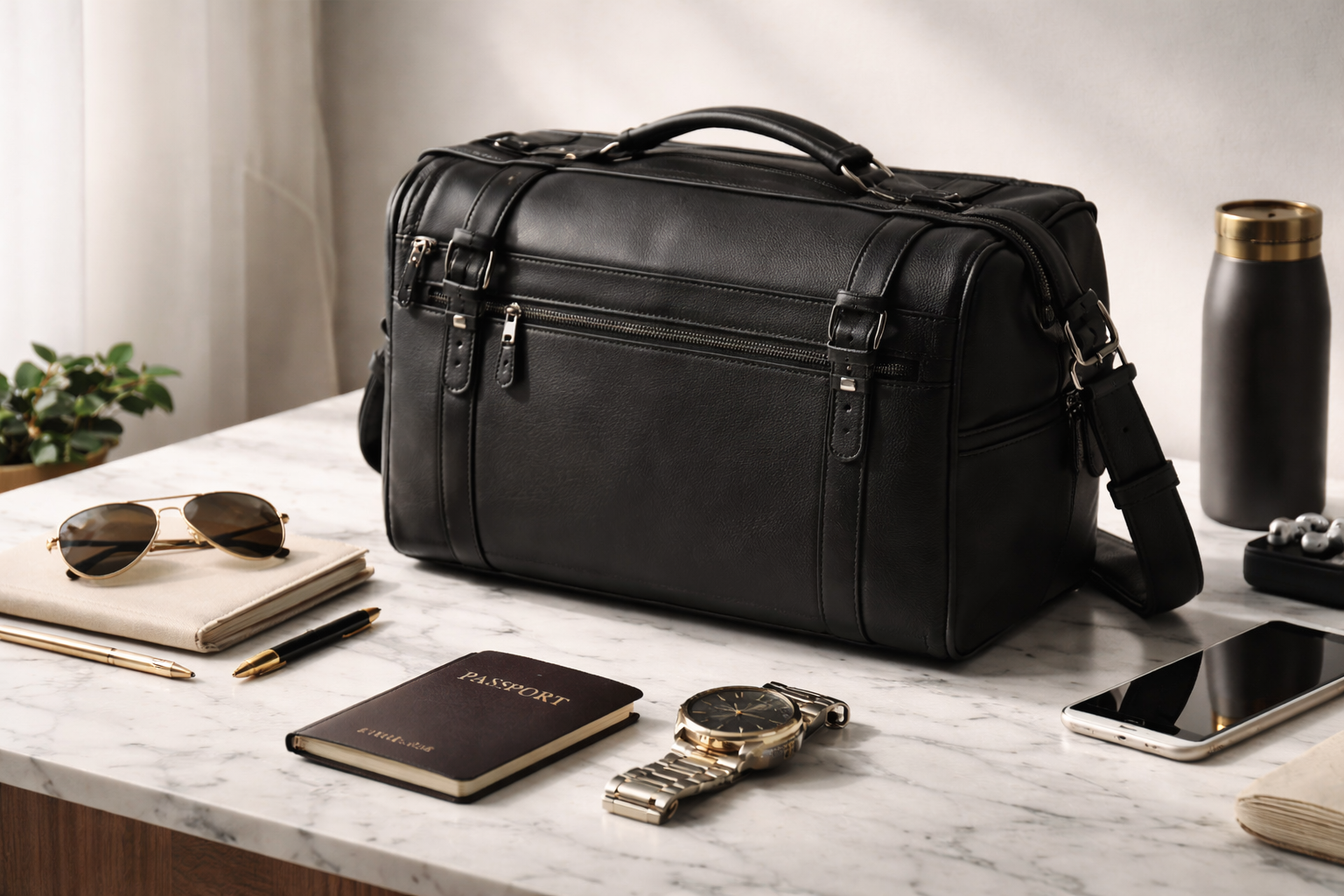 Sac de voyage élégant en cuir noir posé sur une surface en marbre avec des accessoires de voyage
