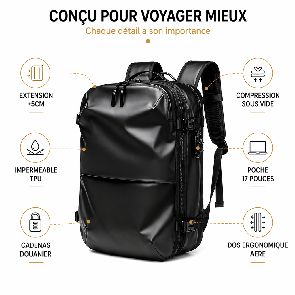 Sac à dos de voyage extensible avec compression sous vide - grande capacité cabine - Elite Bag