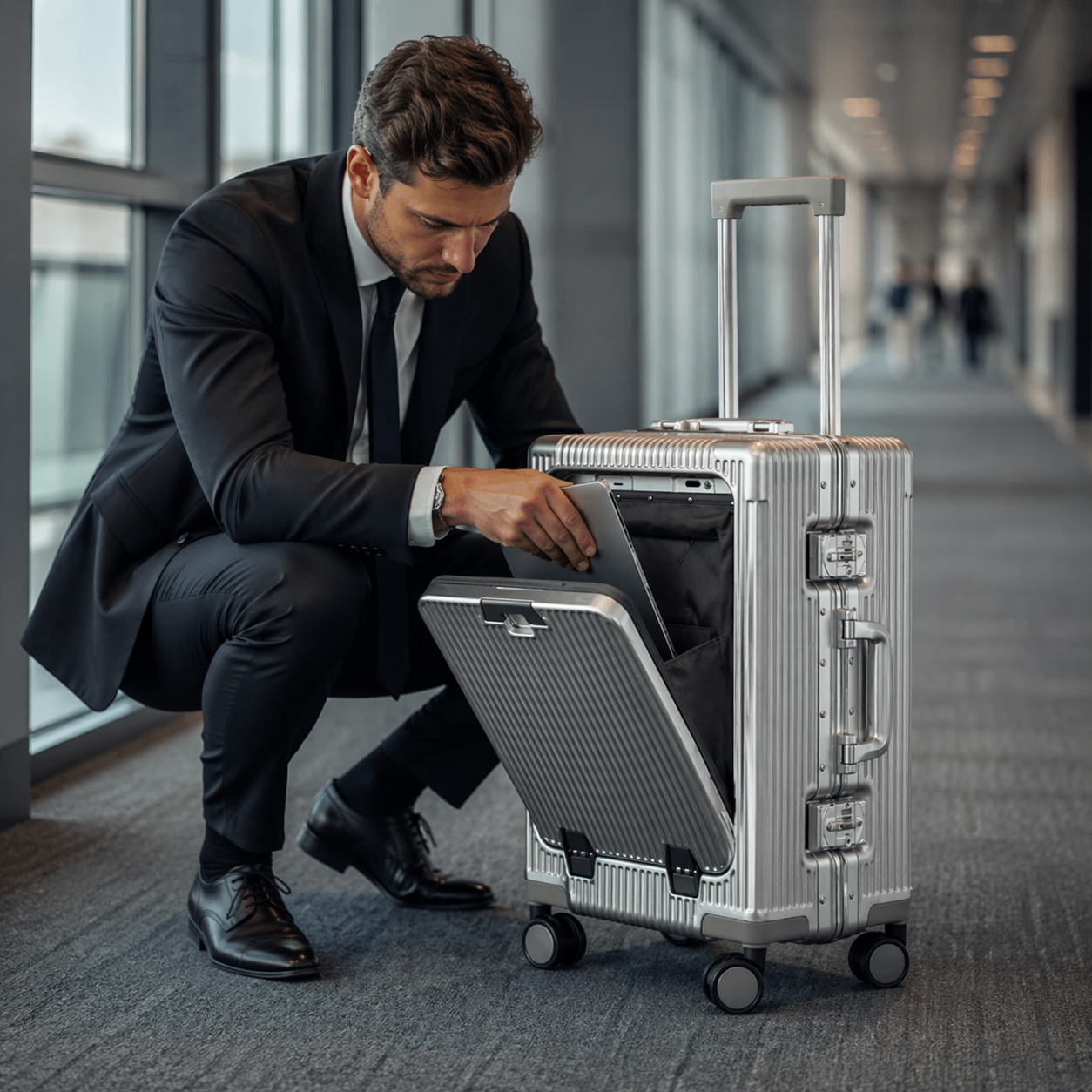 Valise cabine aluminium business avec ouverture frontale et port USB - Elite Bag