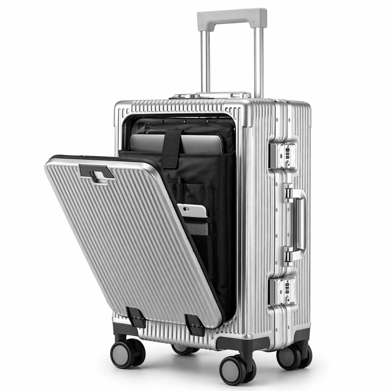 Valise cabine aluminium business avec ouverture frontale et port USB - Elite Bag