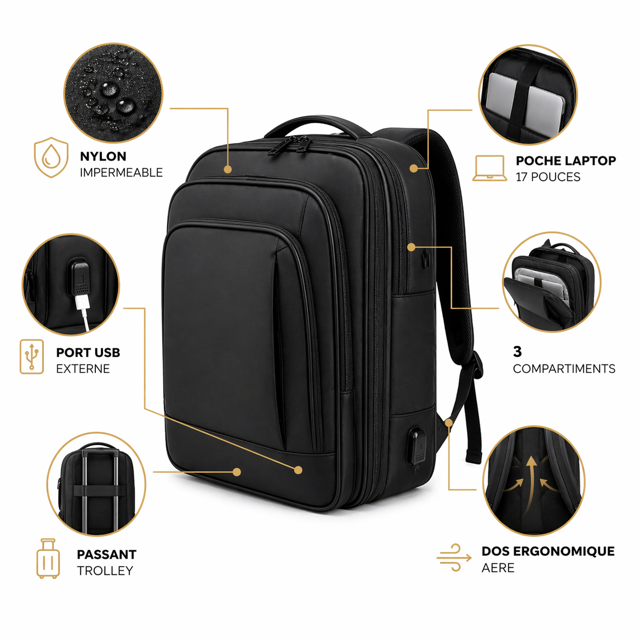 Sac à dos business voyage imperméable avec port USB et passant trolley-noir-Elite Bag