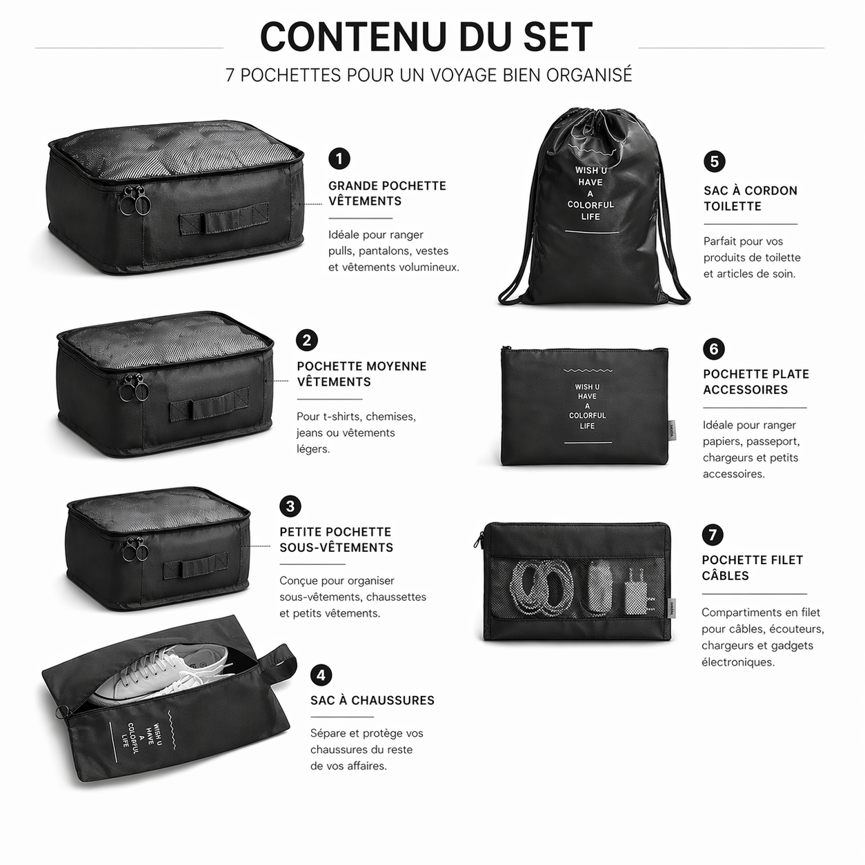 Organisateur de valise 7 pièces - set de rangement bagage voyage - Elite Bag