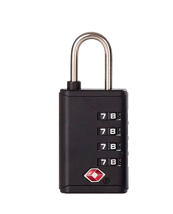 Cadenas TSA noir a combinaison 4 chiffres pour valise de voyage fond blanc