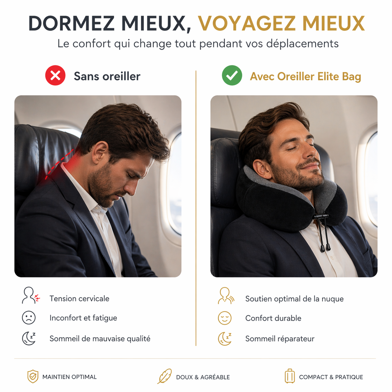 Oreiller de voyage mémoire de forme avec soutien cervical-housse velours et pochette - Elite Bag