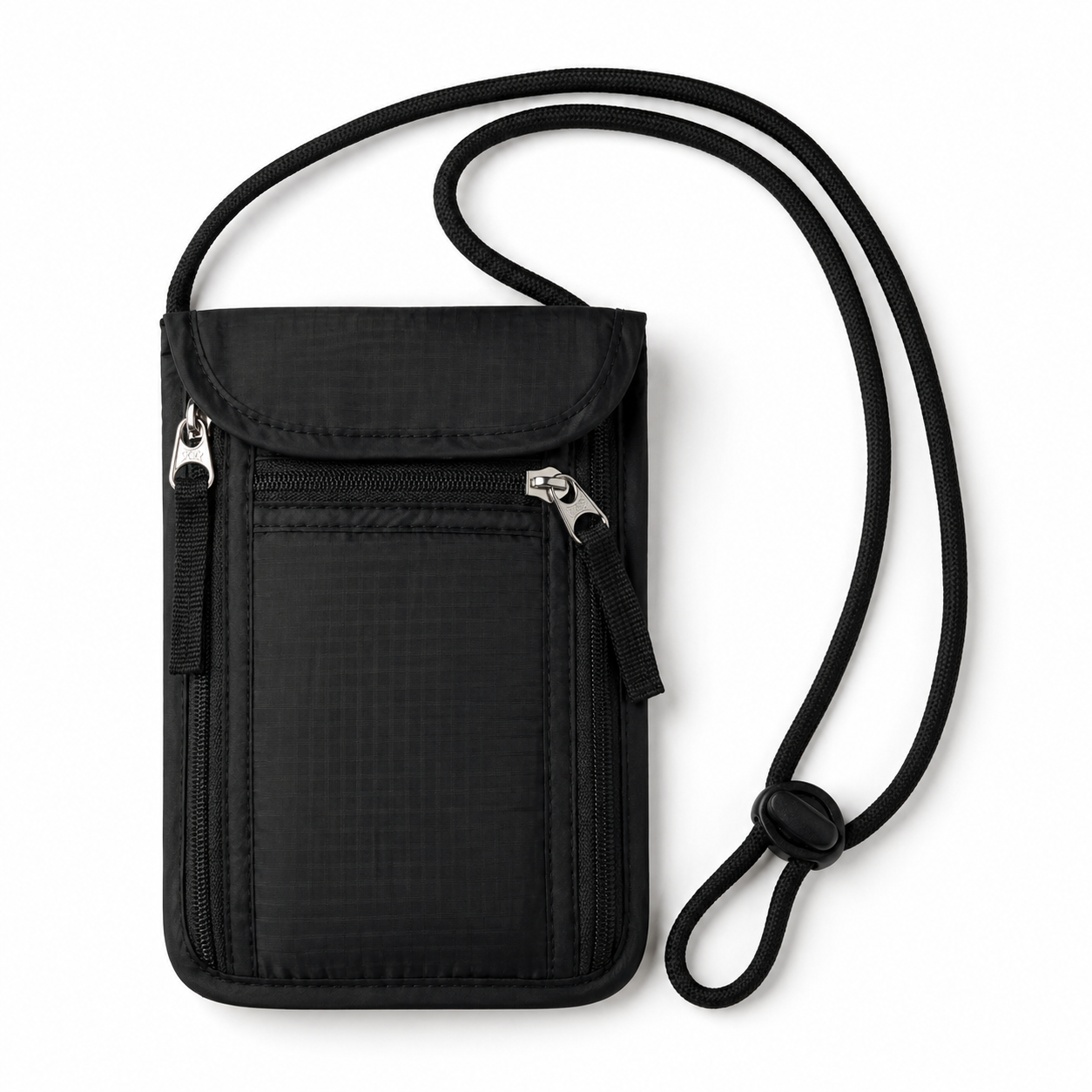 Porte-documents tour de cou noir impermeable anti-RFID pour passeport voyage fond blanc