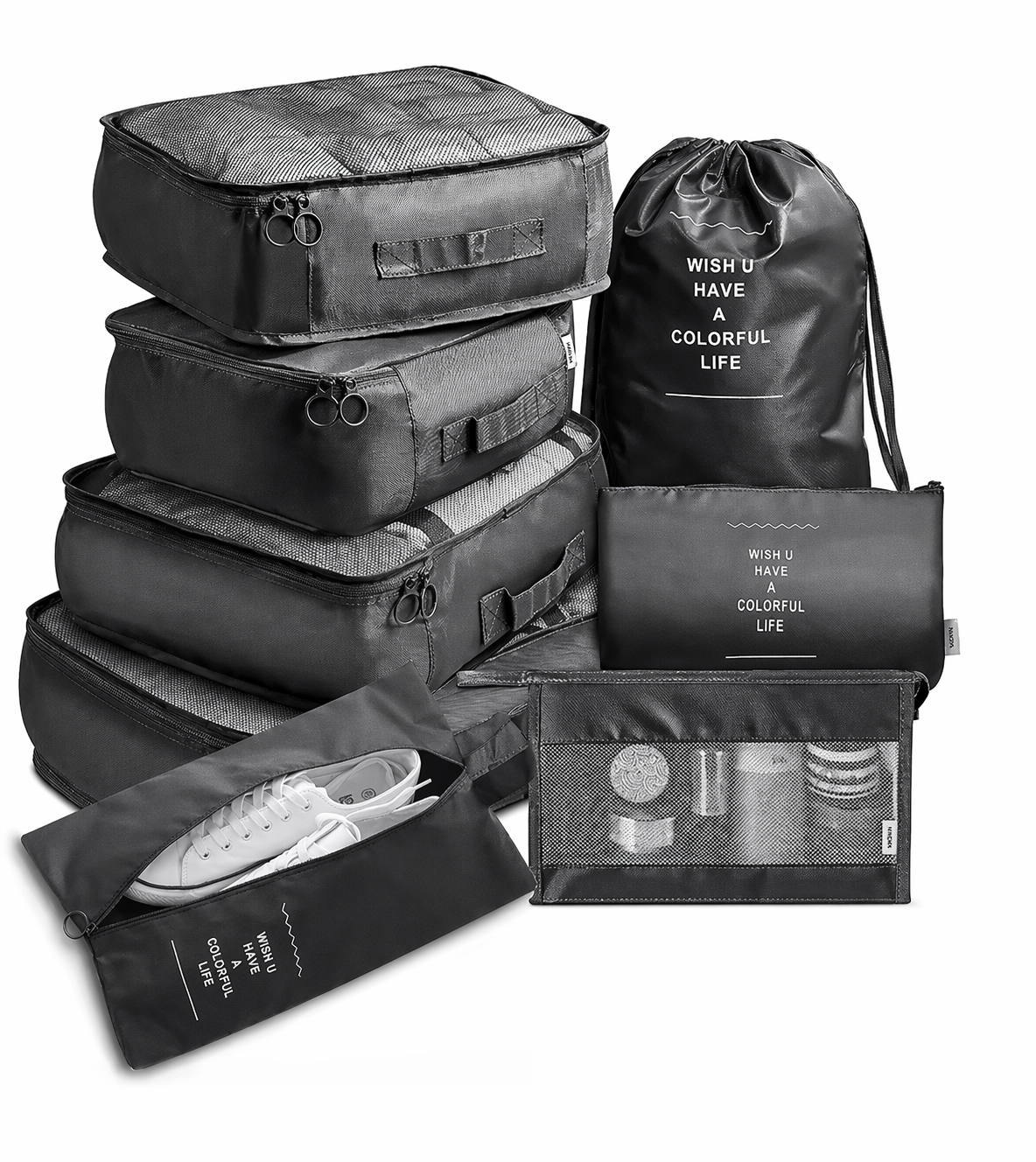 Set organisateur valise 7 pièces noir cubes rangement sac chaussures bagage voyage fond blanc