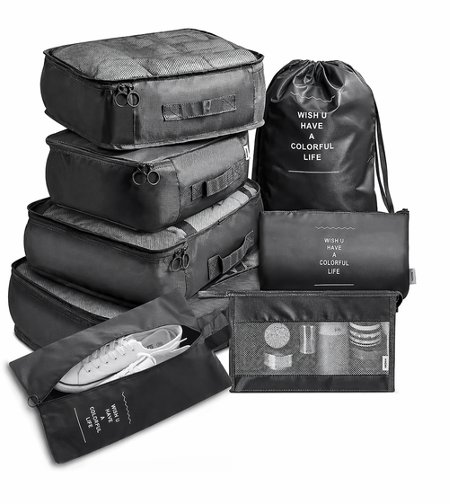 Set organisateur valise 7 pièces noir cubes rangement sac chaussures bagage voyage fond blanc