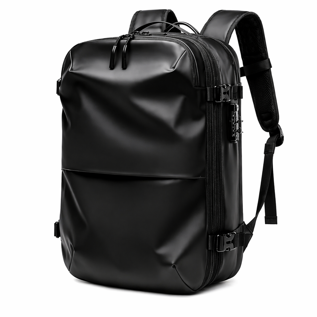 Sac à dos de voyage extensible noir compression sous vide grande capacité cabine Elite Bag fond blanc
