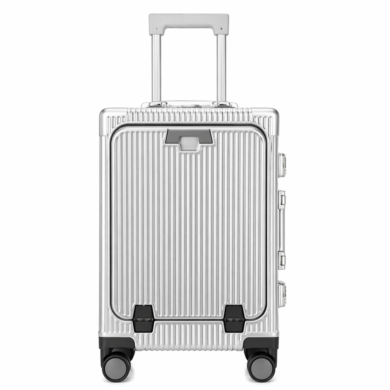Valise cabine aluminium brosse argent ouverture frontale port USB roues 360 Elite Bag fond blanc